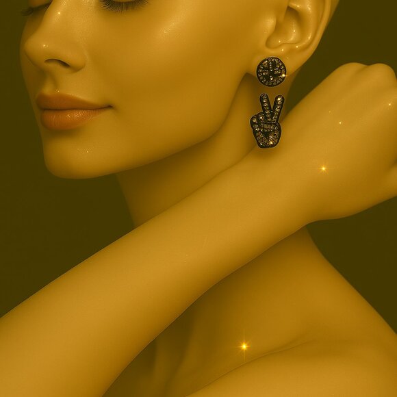 Dazzling Crystal Mismatch Earrings – Peace Sign & Hand Gesture – Black Tone - Picture 1 of 5